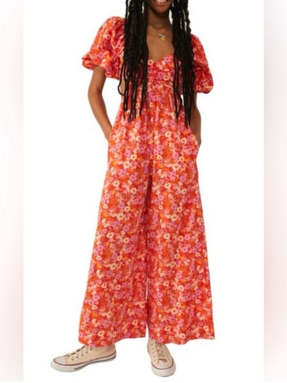 Free People Amy Floral Cotton Wide Leg Jumpsuit Open Back XL
